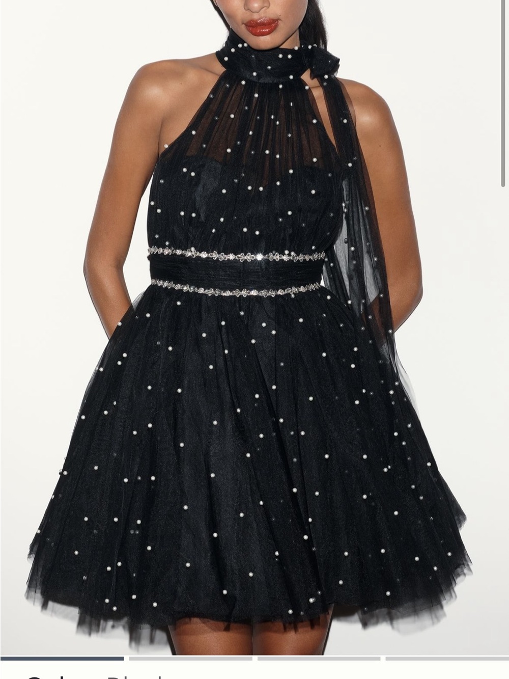 Mac Duggal Black Halter Tulle Mini Dress with Pearl Dot Accents - Picture 2 of 4